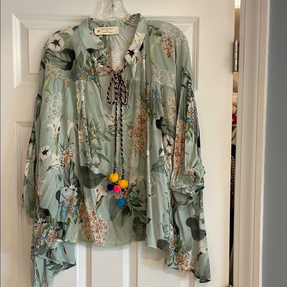 Boho Floral Tie-Neck Blouse in Sage Green